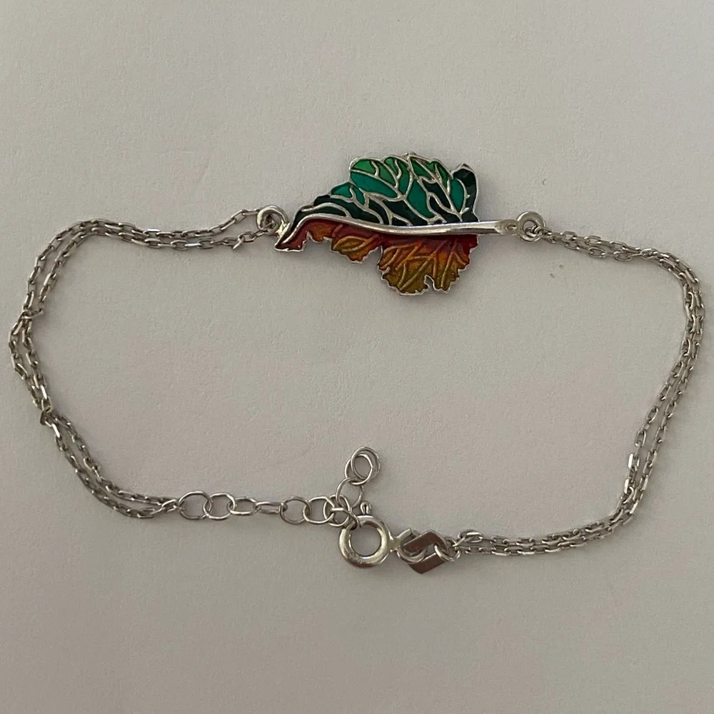 925 Silver leaf bracelet handmade enamel